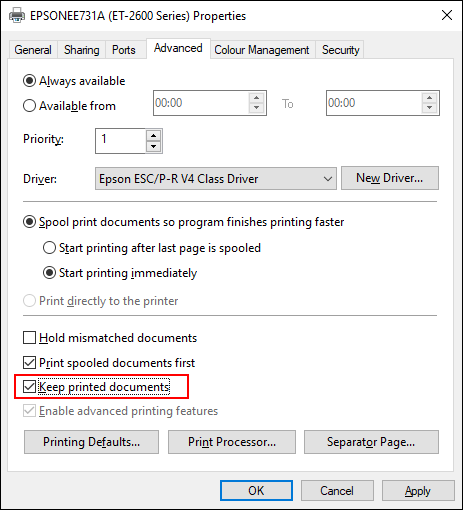 enable the printer history