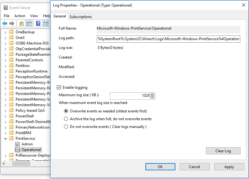 enable print history logging in Event Viewer