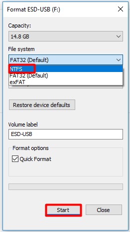 choose NTFS file system
