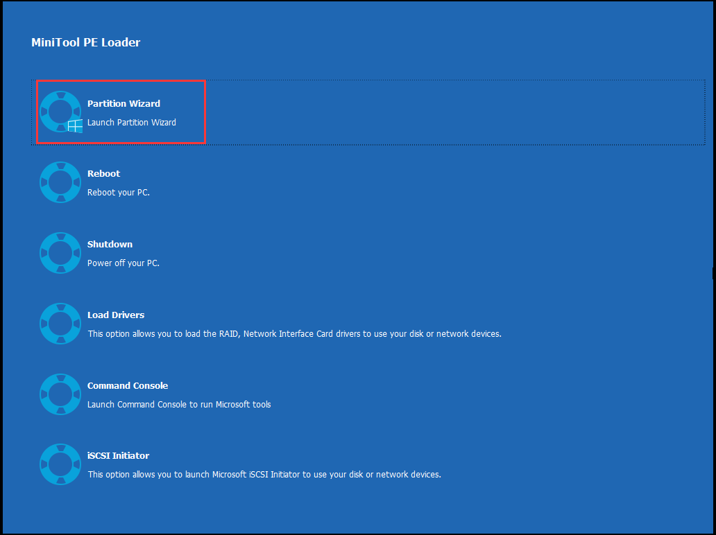 click Partition Wizard on the MiniTool PE Loader page