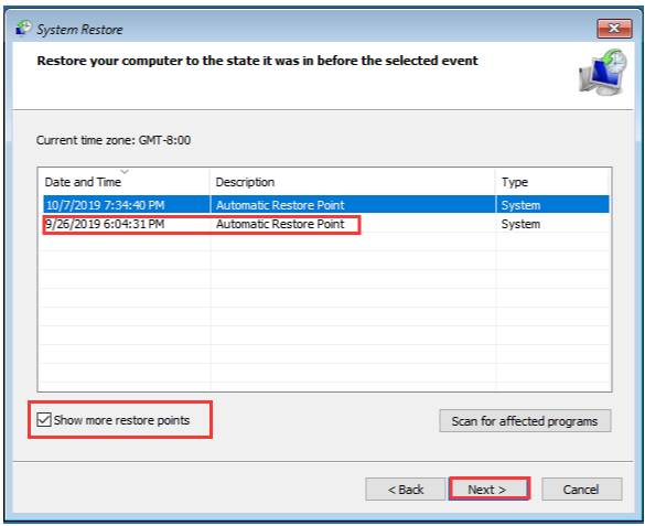 select system restore point you prefer
