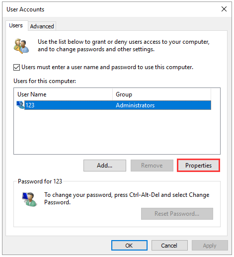 click the Properties button