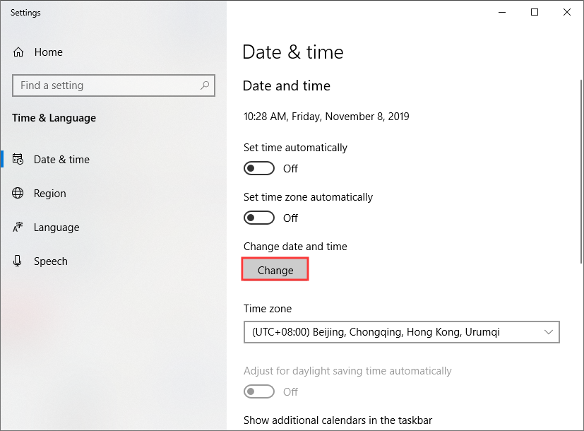 click Change under Change data and time
