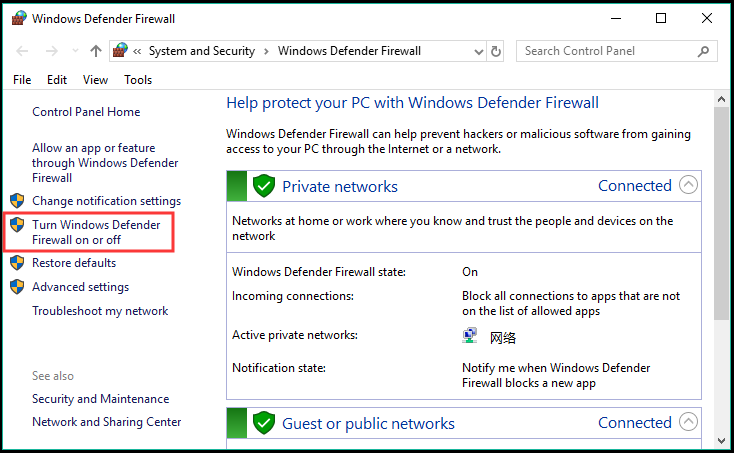 click Turn Windows Defender Firewall on or off