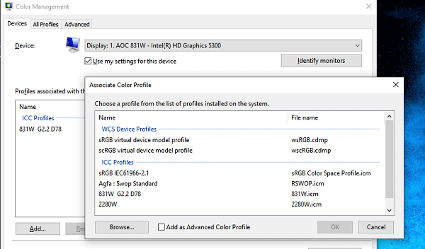 install the color profile via Color Management