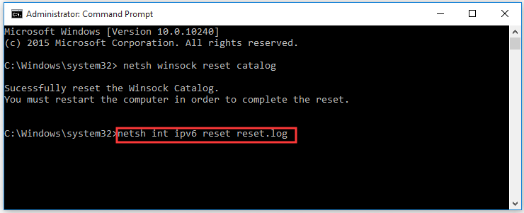 run netsh int ipv6 reset reset.log command