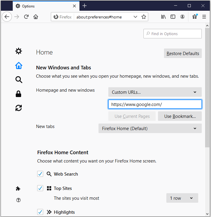 options in Firefox
