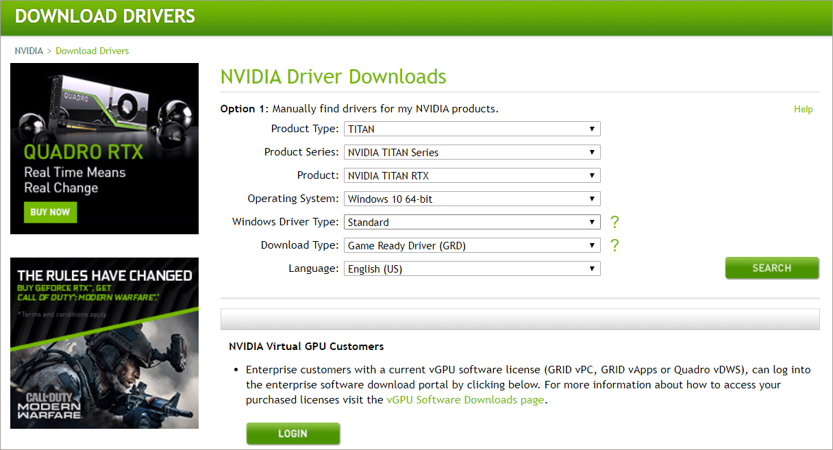 nvidia manual driver search