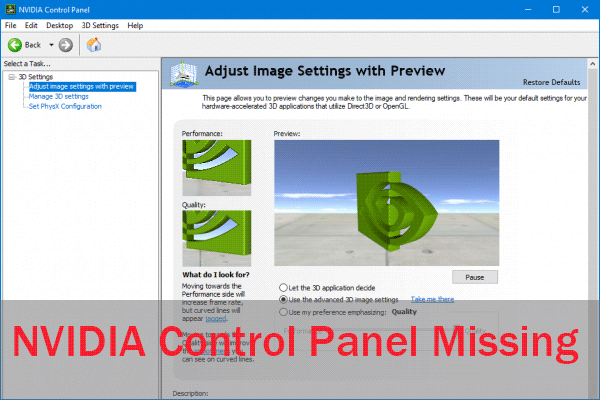 nvidia control panel missing thumbnail