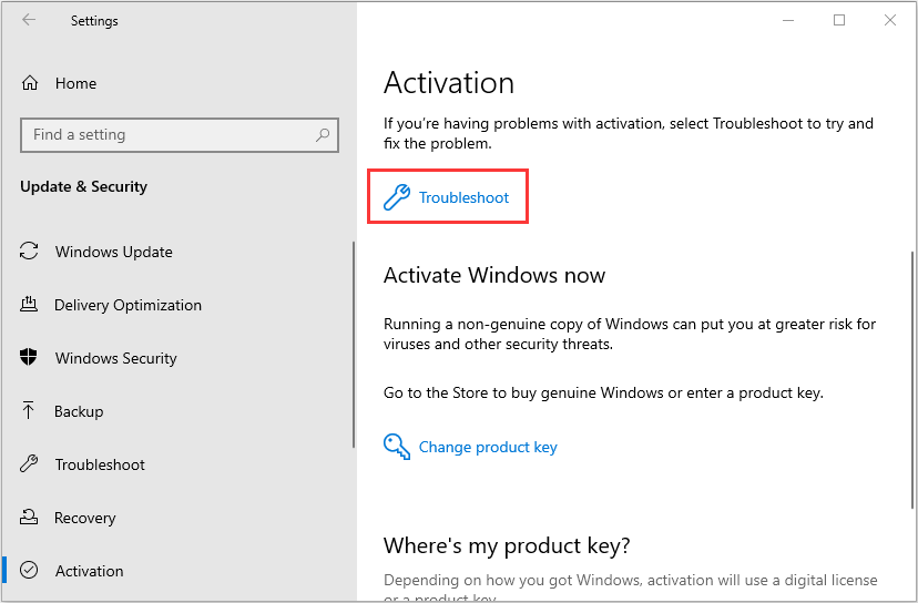 click Troubleshoot to activate Windows 10