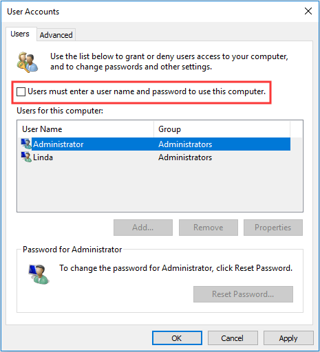 uncheck Users must enter a user name and password to use this computer option