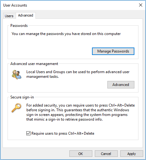check Require Users to Press Ctrl+Alt+Delete in User Accounts panel