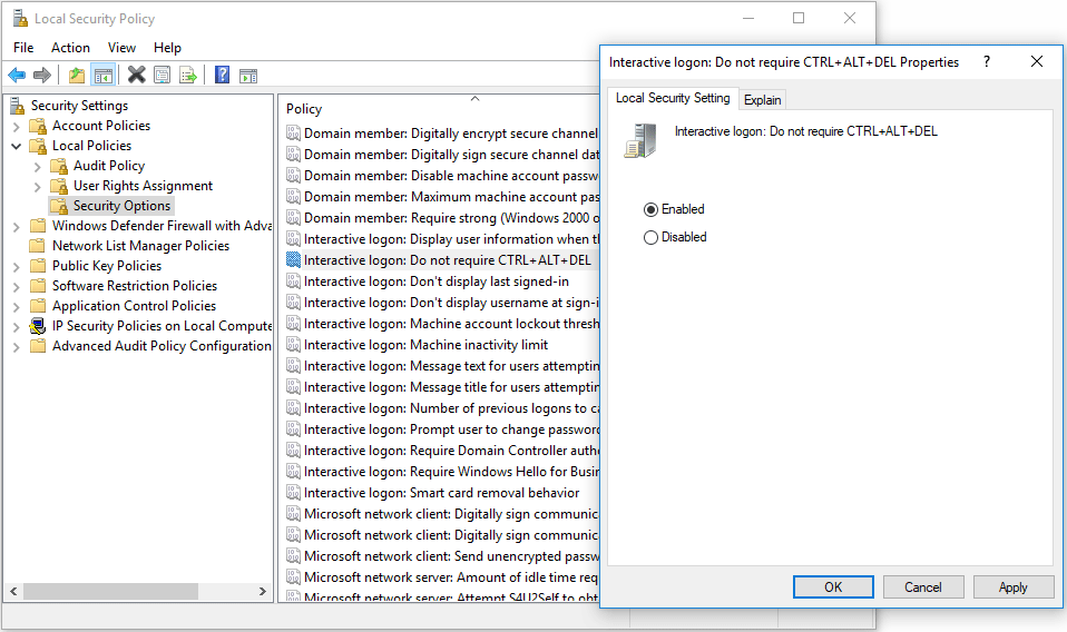enable Secure Sign-In through the Local Security Policy