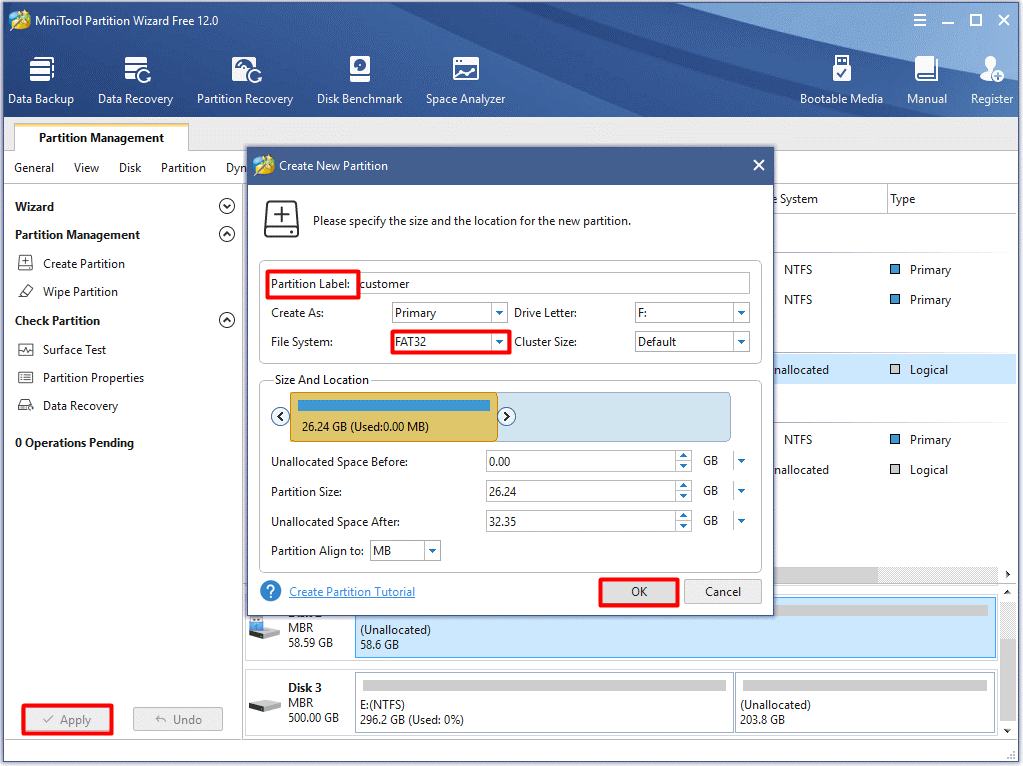 set partition settings and apply the operation