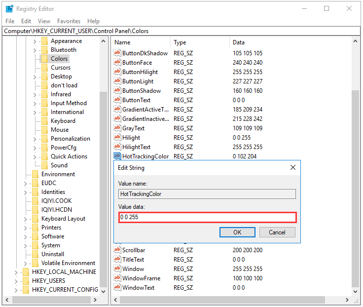 set value data for HotTrackingColor