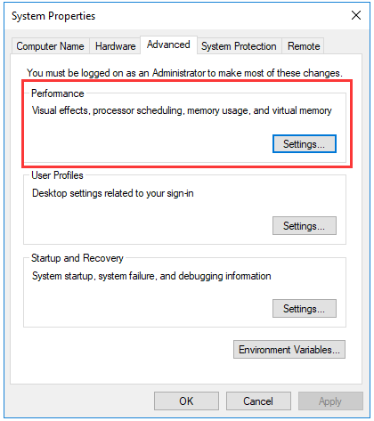 click Settings in the Performance section