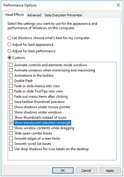 show translucent selection rectangle