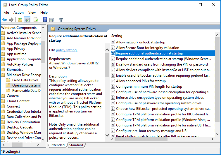 double-click Require additional authentication at startup policy