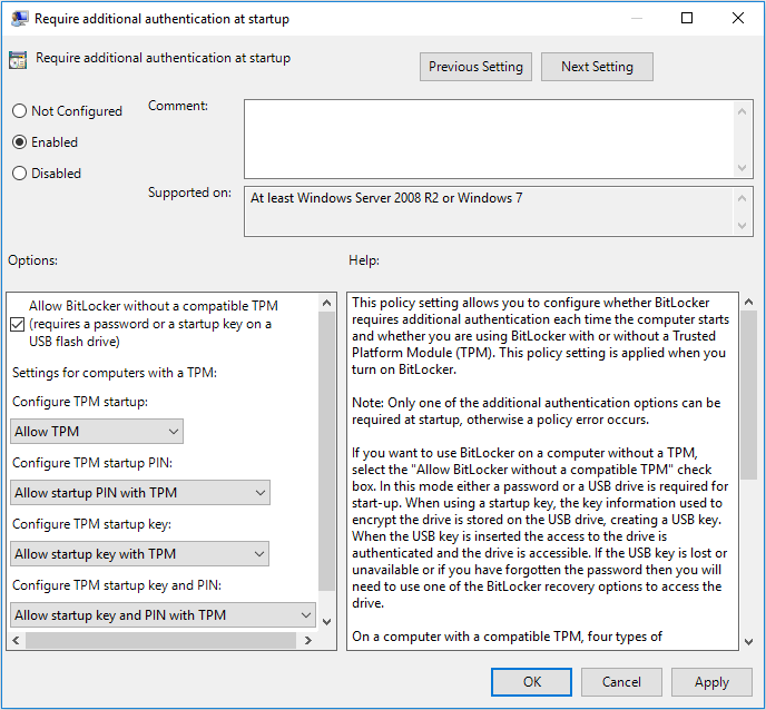 edit Require additional authentication at startup policy