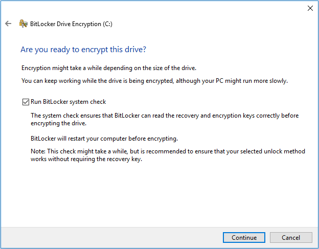 choose whether to Run BitLocker system check