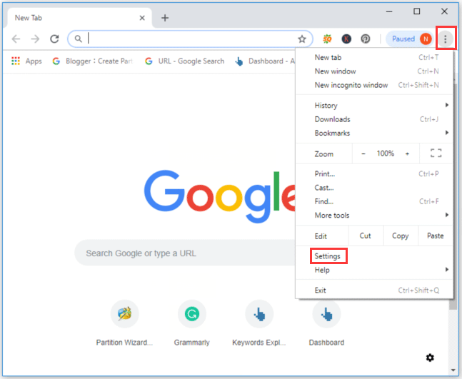 wybierz Ustawienia z menu Google