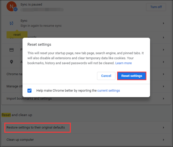 kliknij Resetuj ustawienia