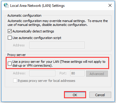 odznacz Użyj serwera proxy dla swojej sieci LAN