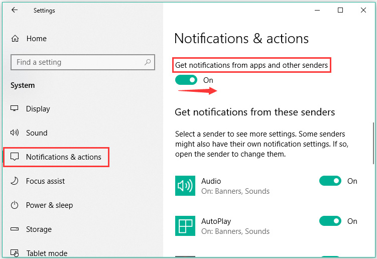 enable Get Notifications from apps and other senders