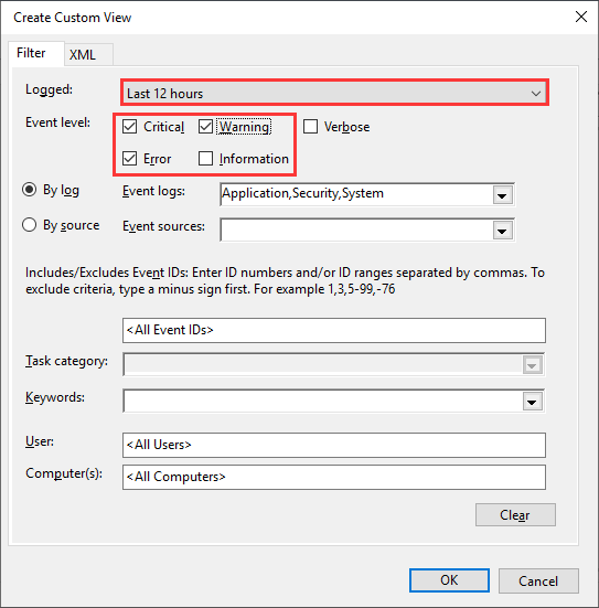 check the boxes next Critical, Warning and Error