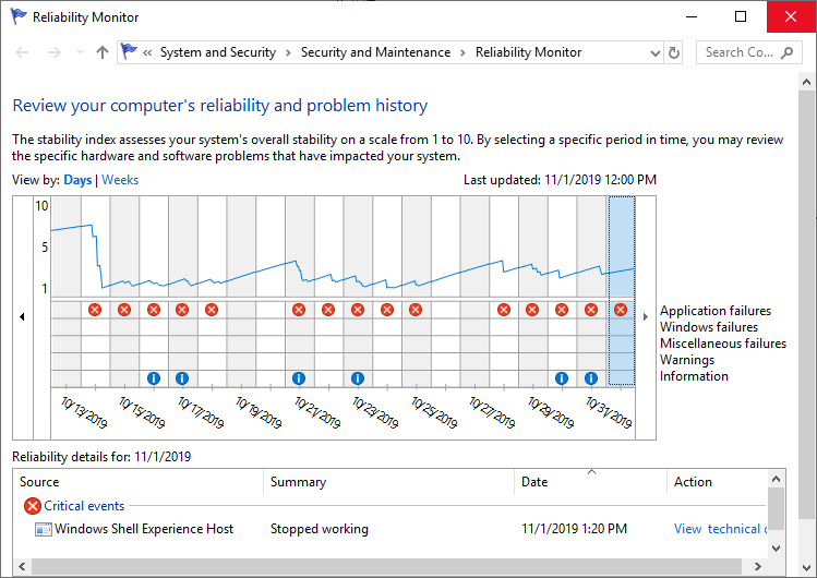 Application error log windows