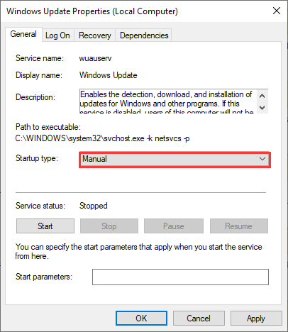 select the Startup type to Manual
