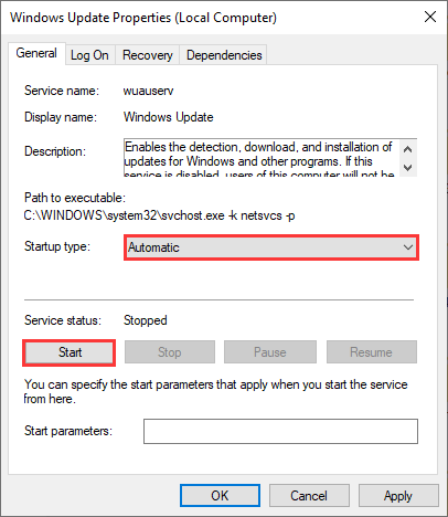 set startup type to automatic
