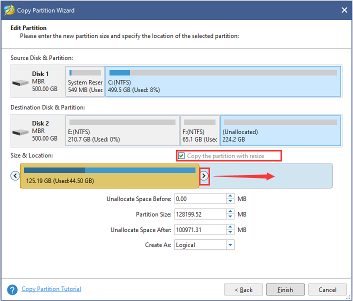 specify the size and location of new partition