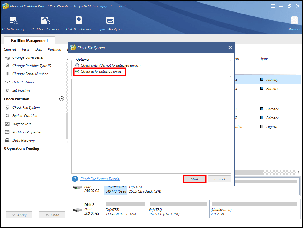 choose the check and fix detected errors option
