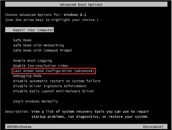 Select the Last Known Good Configuration option