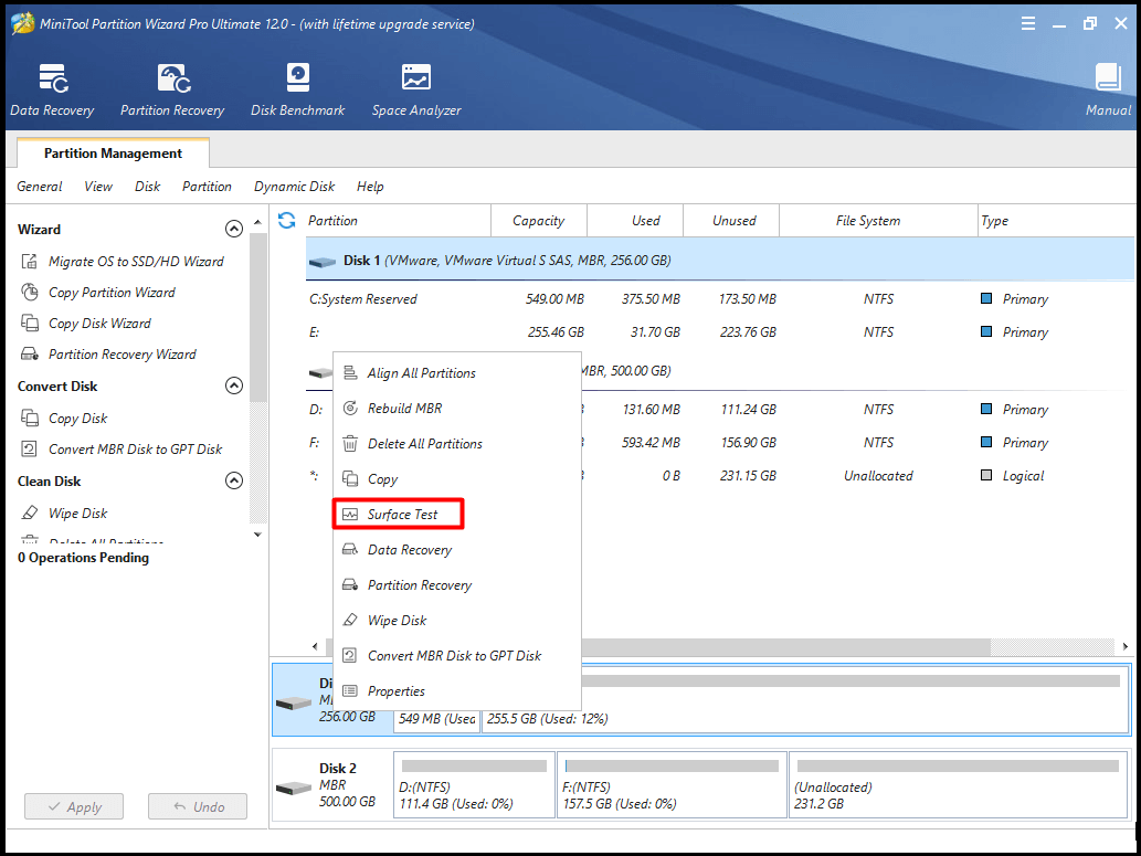 select the surface test feature from the elevated menu