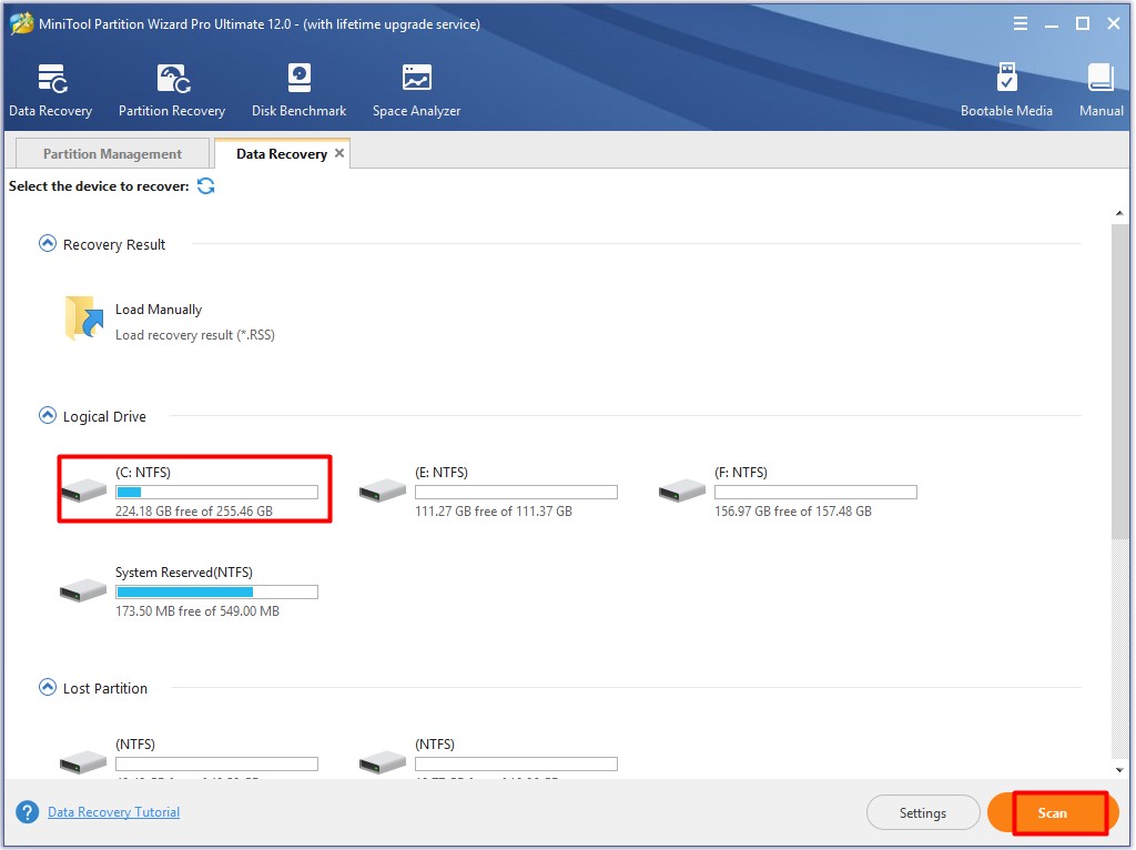 choose the data recovery target and click scan