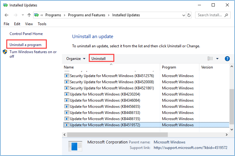 uninstall updates