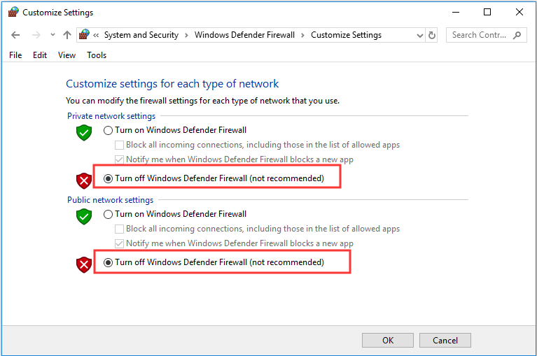 turn off Windows Defender Firewall