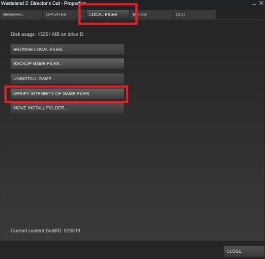click on the Verify Integrity of Game Files button