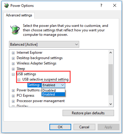 set the setting of USB selective suspend setting to Disable
