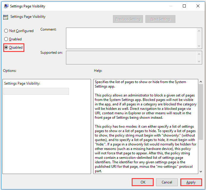 disable Settings Page Visibility