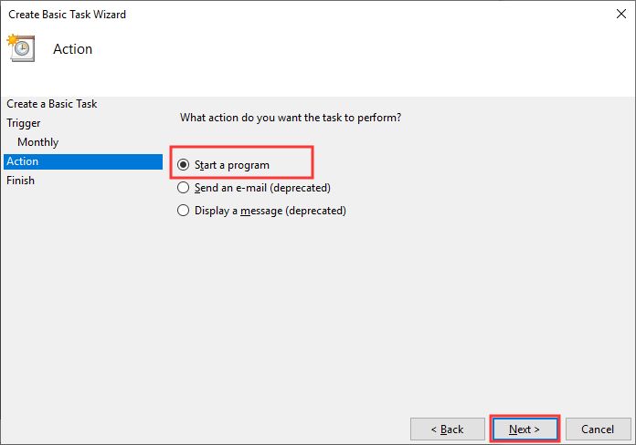 choose Start a program click Next