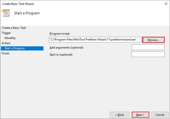 click Browse to select a program to run
