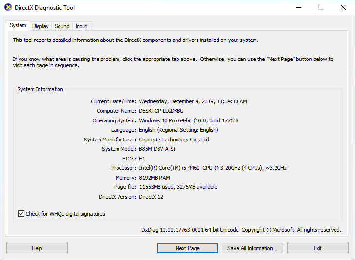 the main interface of the DirectX Diagnostic Tool