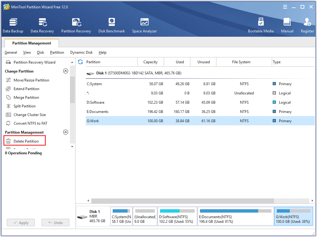 delete a partition via MiniTool Partition Wizard
