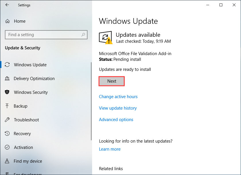 click Next to install the latest Windows updates