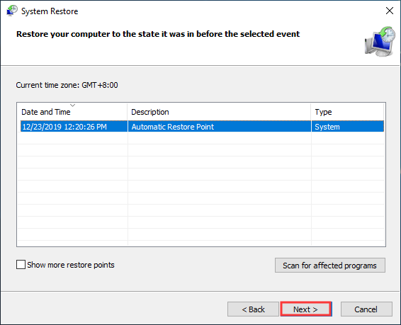 click Next to start system restore