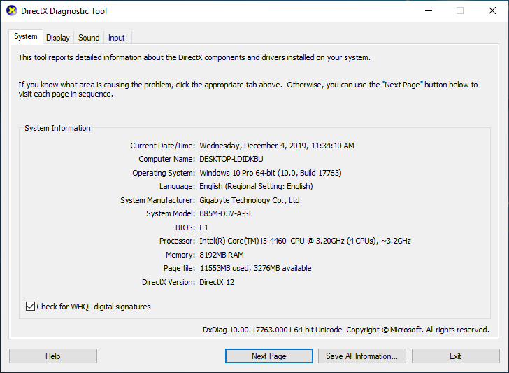 run the DirectX Diagnostic Tool Windows 10