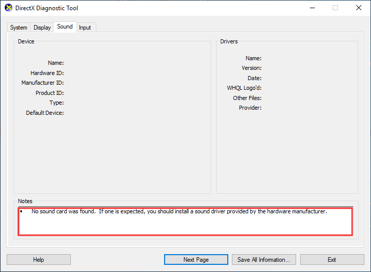 check the Notes box on the DirectX Diagnostic Tool page